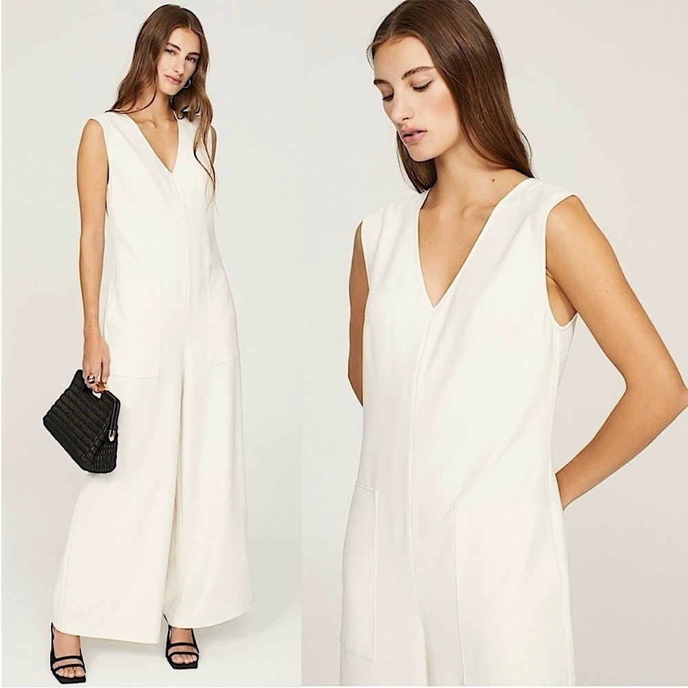 MARINA MOSCONE Ivory Twill Sleeveless V-Neck Wide Leg Ankle Cropped Jumpsuit 6